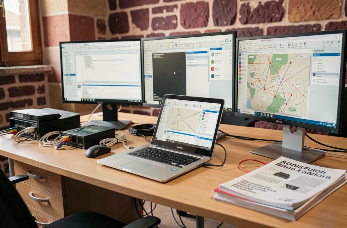 Espace de travail d'un technicien informatique en Saône-et-Loire avec plusieurs écrans et outils de dépannage