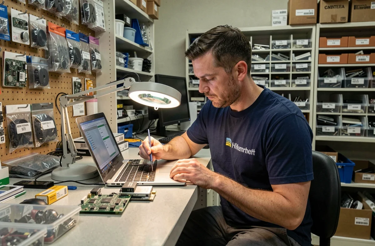 Technicien DEPAN'PC inspectant une carte mère d'ordinateur portable dans sa boutique de réparation