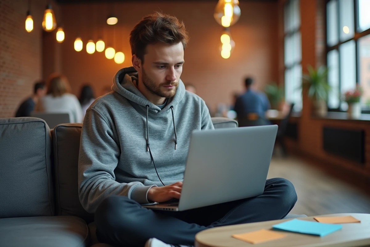 Jeune développeur codant une boucle VBA For Loop sur laptop dans un espace de coworking avec notes manuscrites