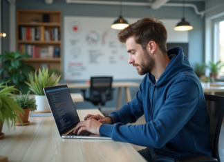 Différence entre test fonctionnel et test unitaire : comprendre les principes Jeune developpeur en hoodie bleu travaillant sur code