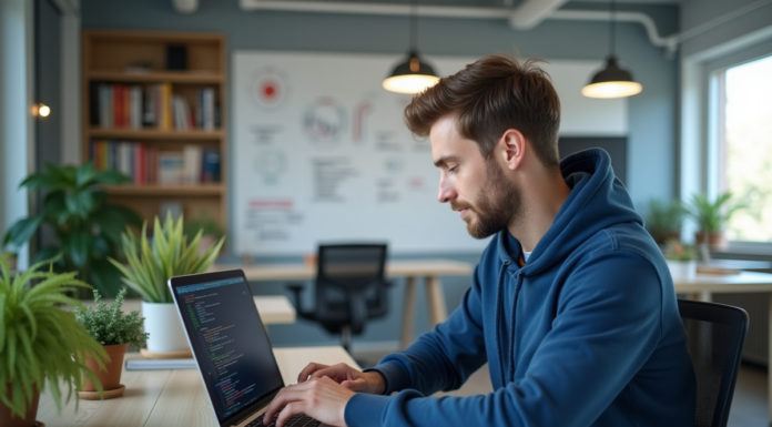 Jeune developpeur en hoodie bleu travaillant sur code