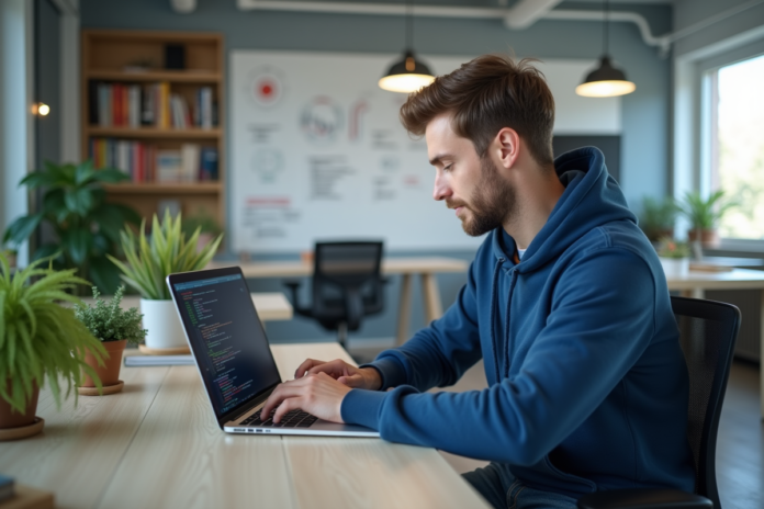 Jeune developpeur en hoodie bleu travaillant sur code