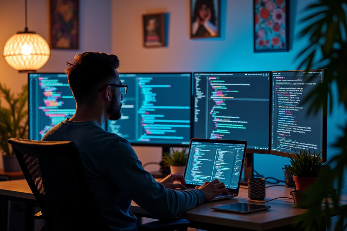 Développeur travaillant sur un ordinateur avec code coloré et plantes