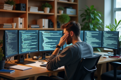 Jeune homme concentré devant ses écrans en home office