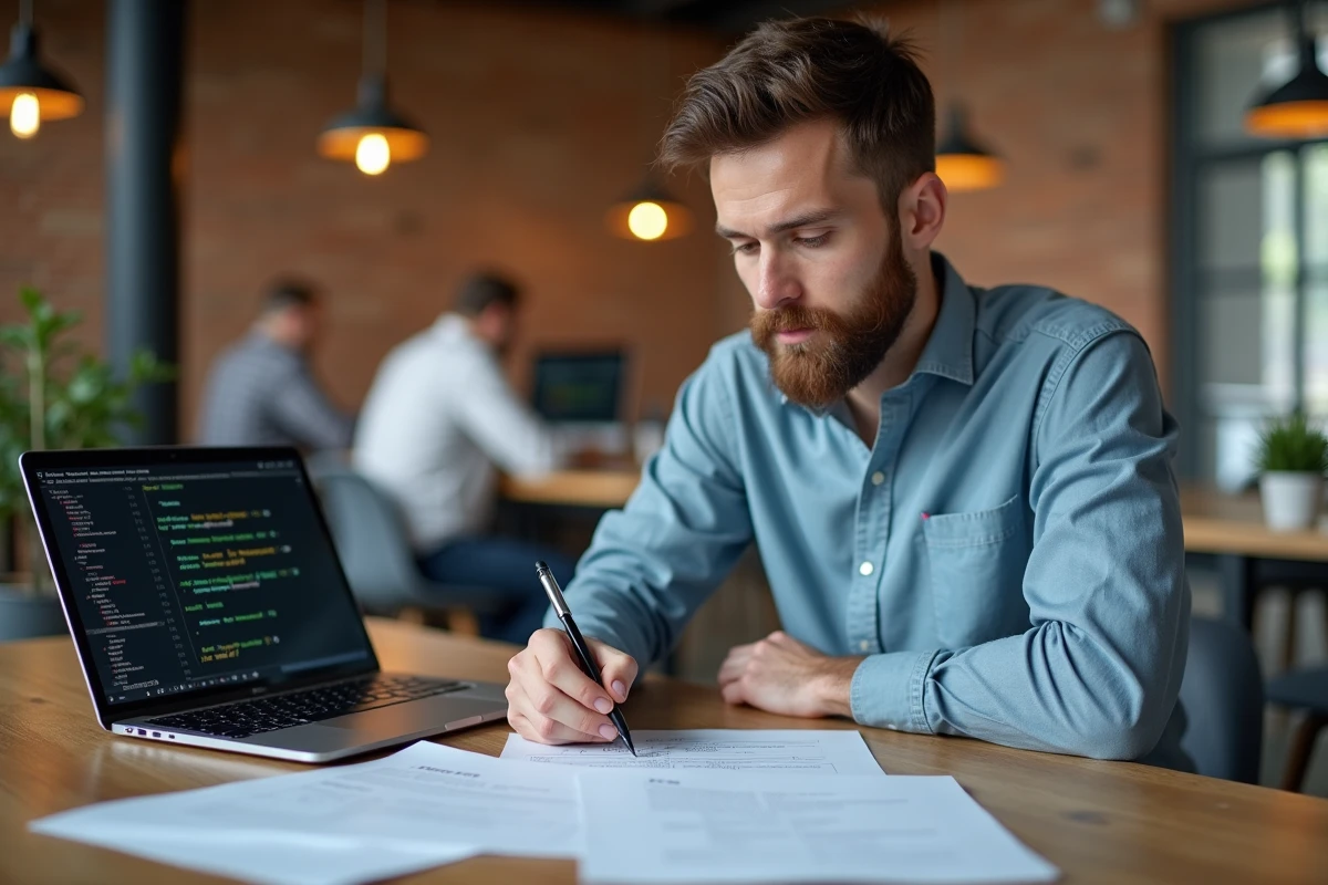 Développeur Python annotant des extraits de code imprimés dans un espace de coworking, explorant des alternatives modernes à la méthode append