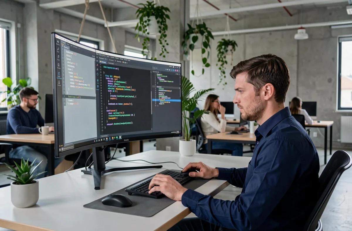 Développeur Python déboguant un fichier XML dans un environnement de bureau moderne avec un écran ultrawide