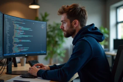 Développeur Python concentré sur un script de scraping web affiché sur un écran ultrawide dans un bureau moderne
