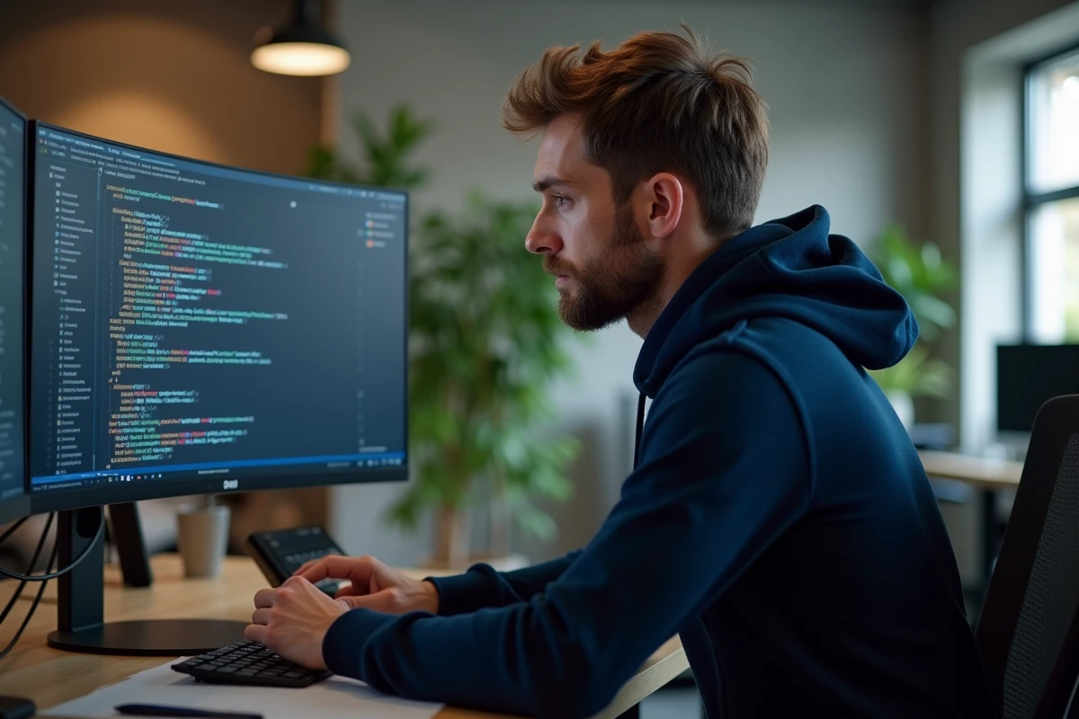 Développeur Python concentré sur un script de scraping web affiché sur un écran ultrawide dans un bureau moderne