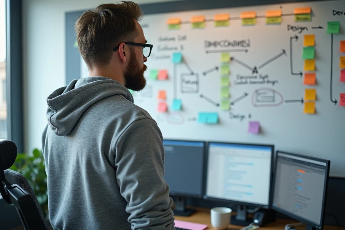 Développeur de jeux organisant un backlog de production sur un tableau blanc avec des post-it colorés dans un bureau indie