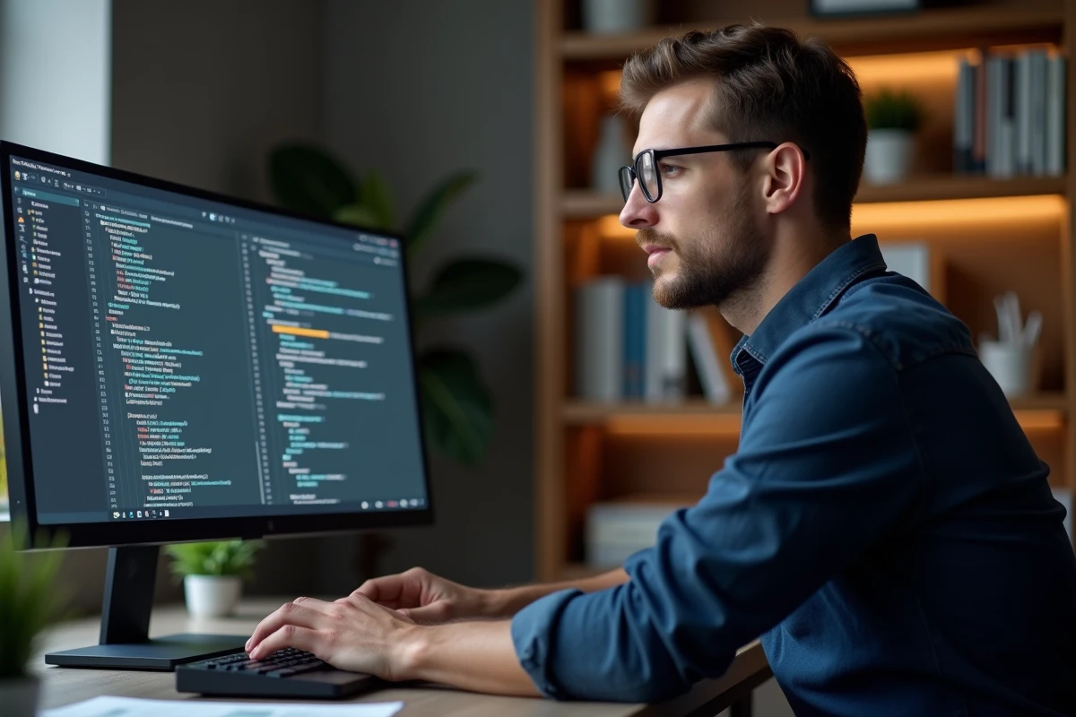 Développeur analysant du code VBA dans Excel pour parcourir des cellules vides sur un grand écran de bureau