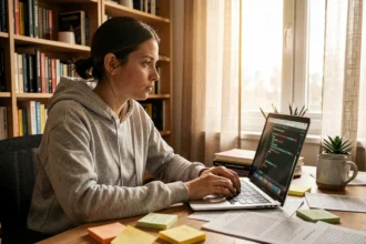 Développeuse débutante analysant des erreurs de syntaxe XML sur son ordinateur portable dans un bureau à domicile