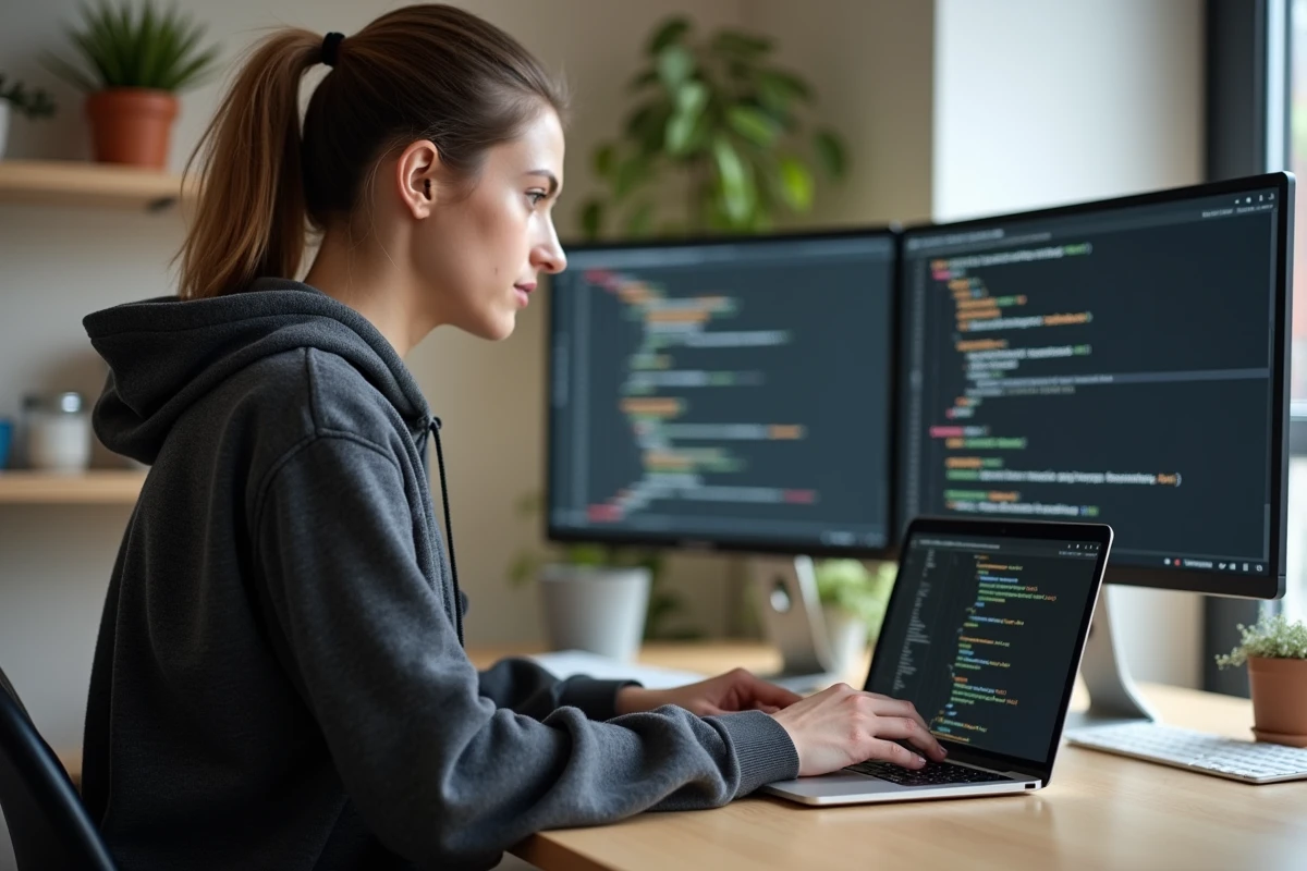 Développeuse Python concentrée devant son MacBook Pro dans un bureau minimaliste, illustrant la modernisation de code Python avec des listes