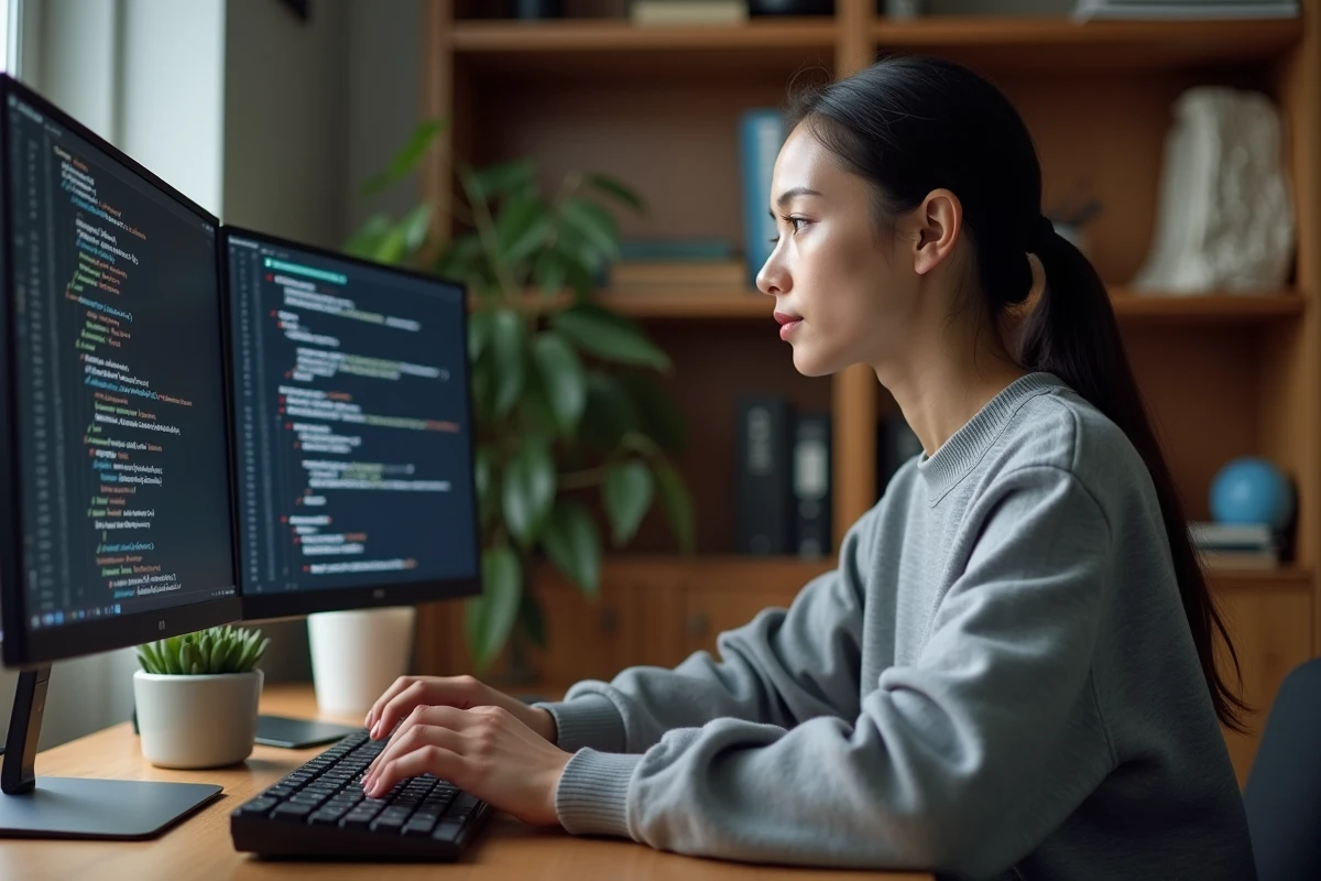 Développeuse web analysant les résultats d'un scraper Python dans un bureau à domicile minimaliste
