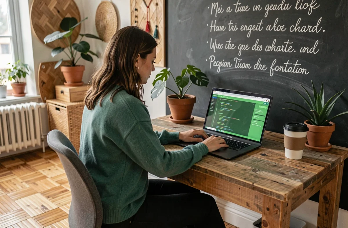 Développeuse de Devethique à son bureau en bois recyclé entouré de plantes, son écran affichant du code de site web aux tons verts et éco-responsables