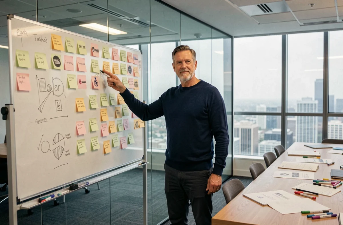 Directeur créatif présentant une nouvelle identité de marque sur un mur de notes dans une salle de réunion, dans le cadre d'un processus de changement de nom en 2026