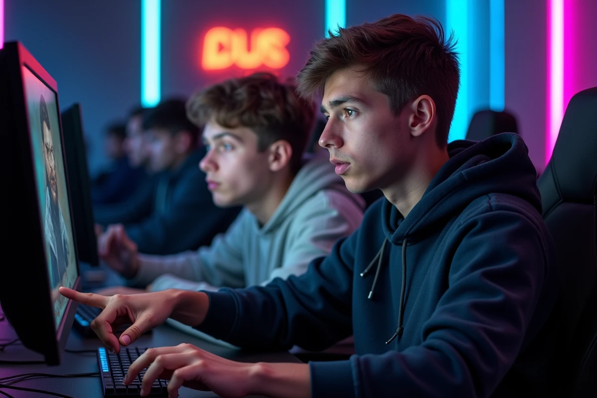 Deux joueurs dans un café esport discutant de la sensibilité idéale pour jouer comme un pro sur VALORANT