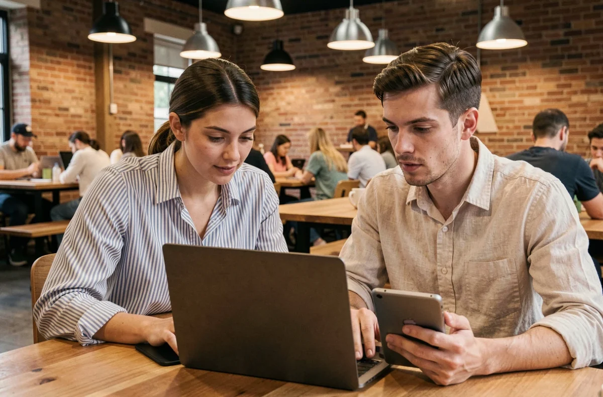 Deux personnes utilisant Discord avec texte en italique sur laptop et tablette dans un espace de coworking