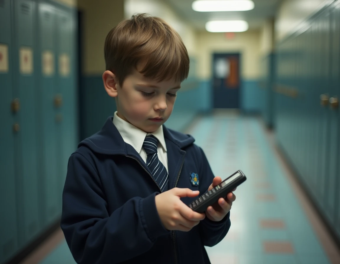 Écolier utilisant un Nokia 3310 dans un couloir scolaire, téléphone basique sans accès internet pour enfants
