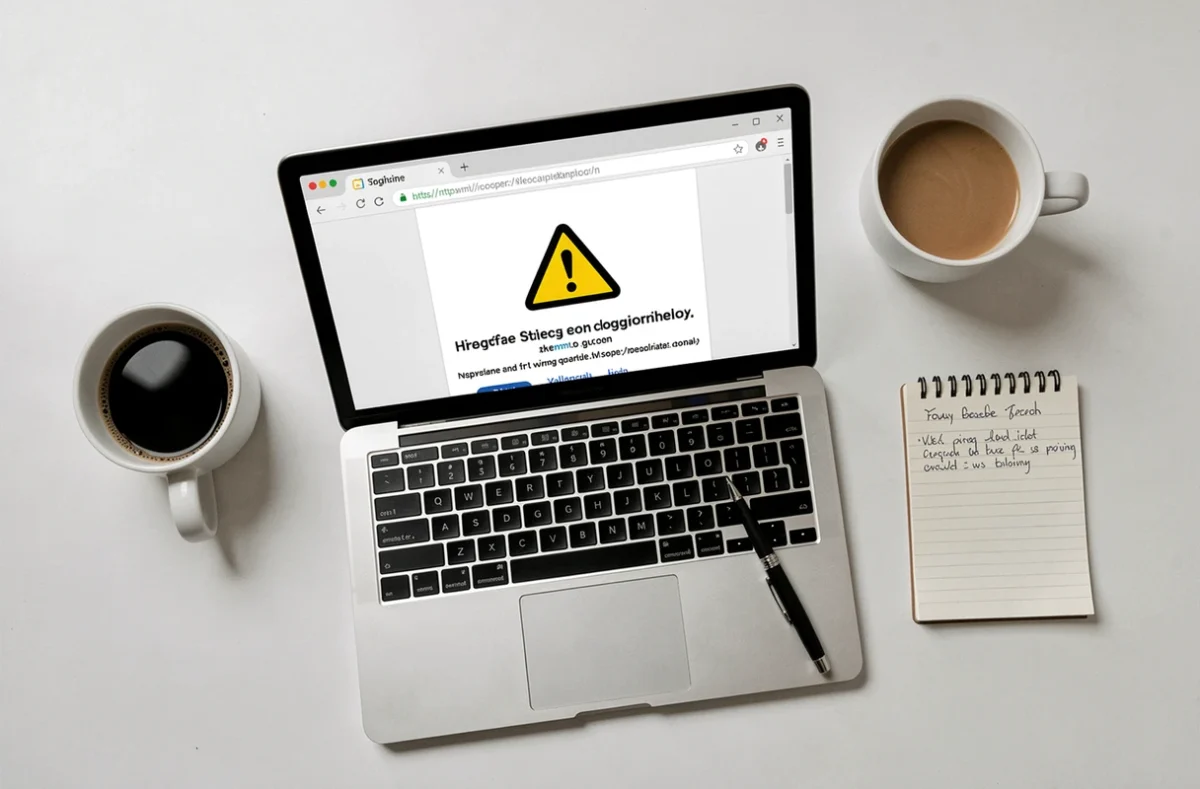 Écran d'ordinateur affichant un site web suspect avec une icône d'avertissement, illustrant les dangers des plateformes non sécurisées pour voir des stories Instagram