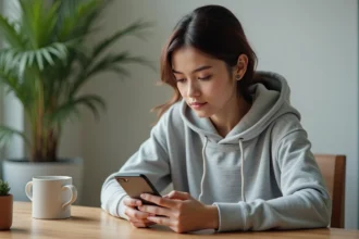 Jeune femme utilisant un smartphone pour enregistrer une story Instagram depuis une application tierce