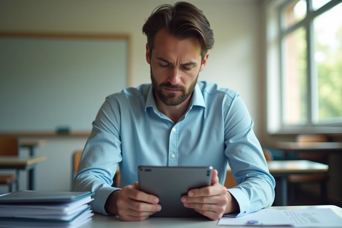 Enseignant configurant les paramètres de notifications de l'application ENT77 sur une tablette dans une salle de classe