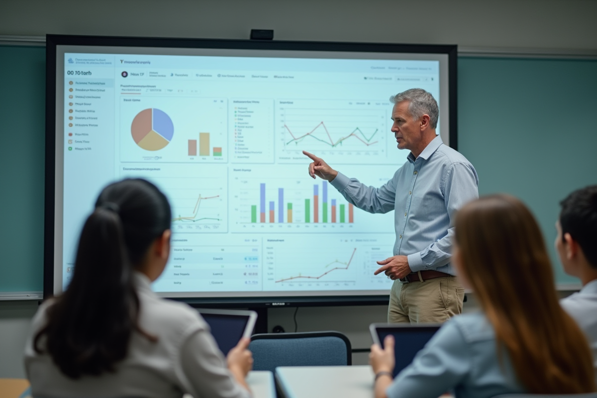Enseignant expliquant avec des tablettes dans une salle moderne