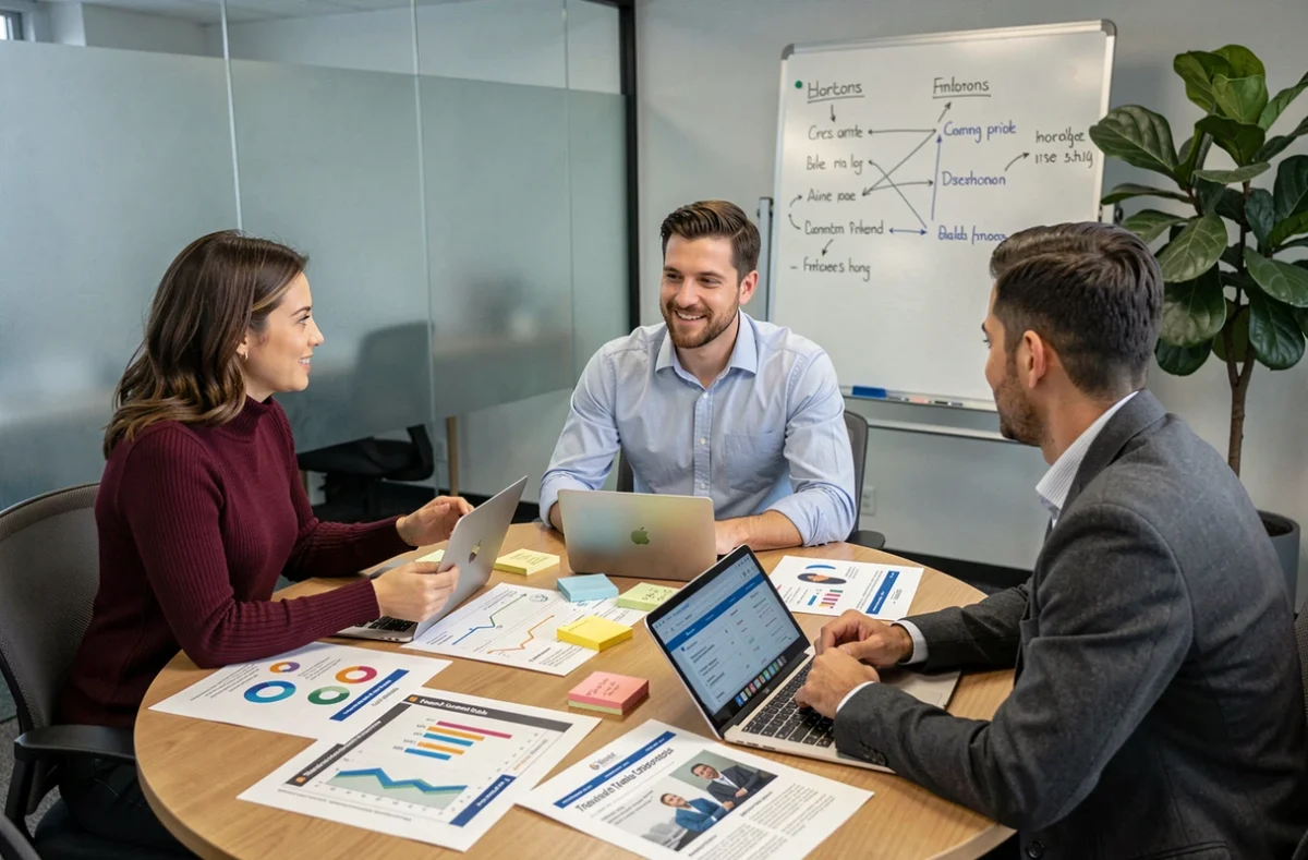Équipe de professionnels réunis autour d'une table analysant des rapports de tendances numériques et d'actualités tech