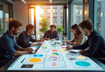 Jeune equipe creative en brainstorming dans un bureau lumineux