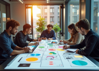IA et branding : quel impact sur votre marque ? Jeune equipe creative en brainstorming dans un bureau lumineux