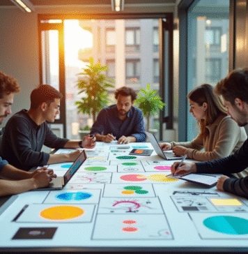 Jeune equipe creative en brainstorming dans un bureau lumineux