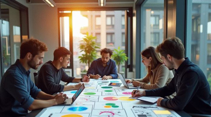 Jeune equipe creative en brainstorming dans un bureau lumineux