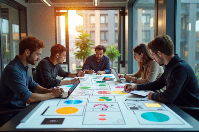 equipe-creative-bureau-brainstorming Jeune equipe creative en brainstorming dans un bureau lumineux
