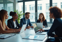 Equipe diverse en réunion autour d'une table pour la strategie CRM