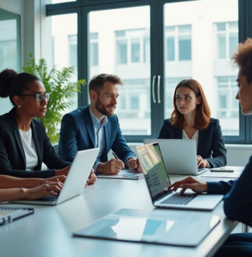 Equipe diverse en réunion autour d'une table pour la strategie CRM