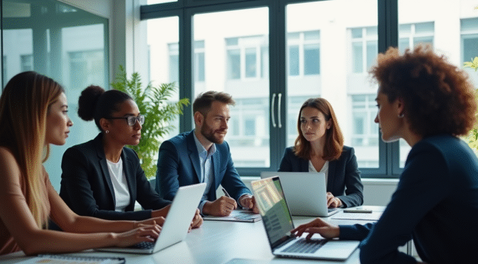 Equipe diverse en réunion autour d'une table pour la strategie CRM