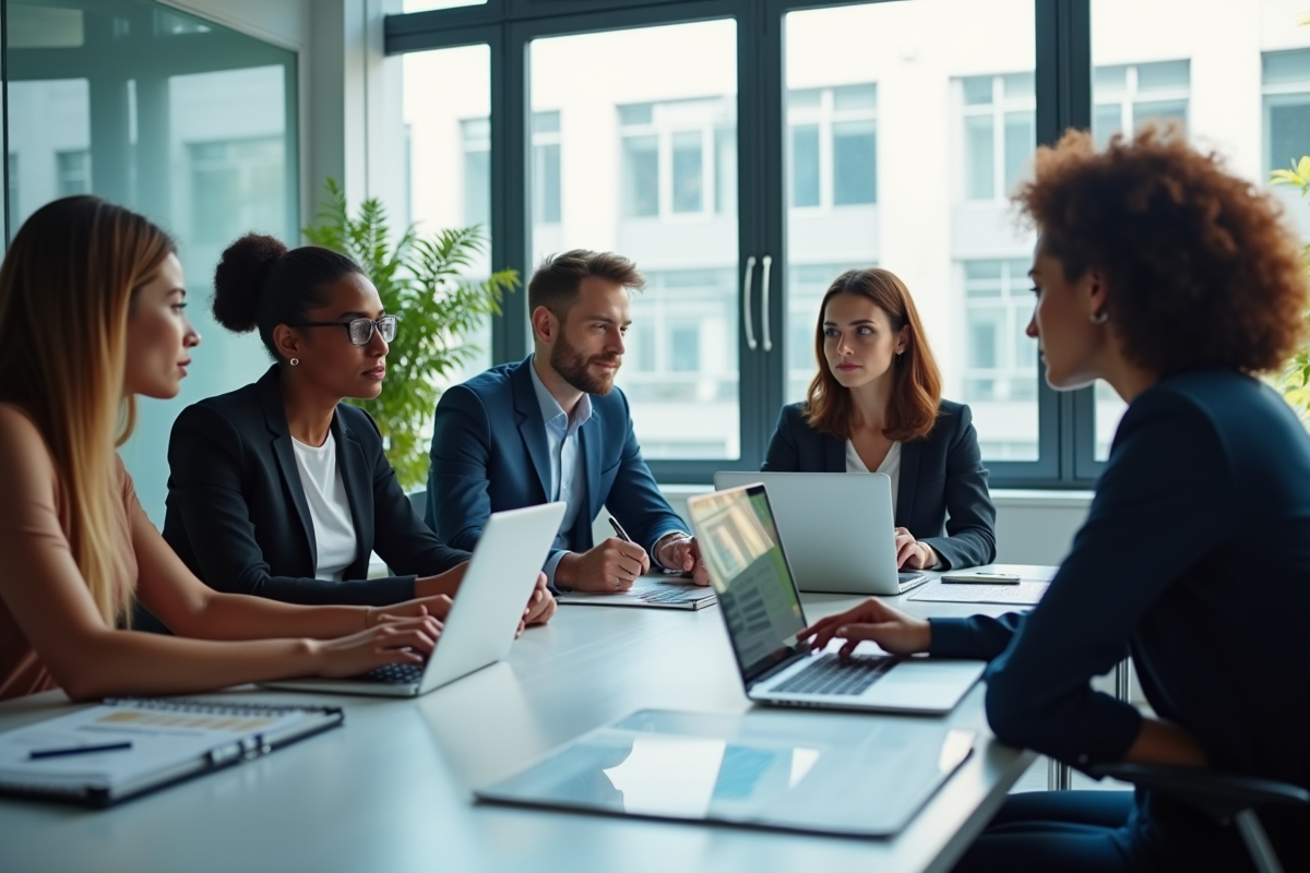 Equipe diverse en réunion autour d'une table pour la strategie CRM