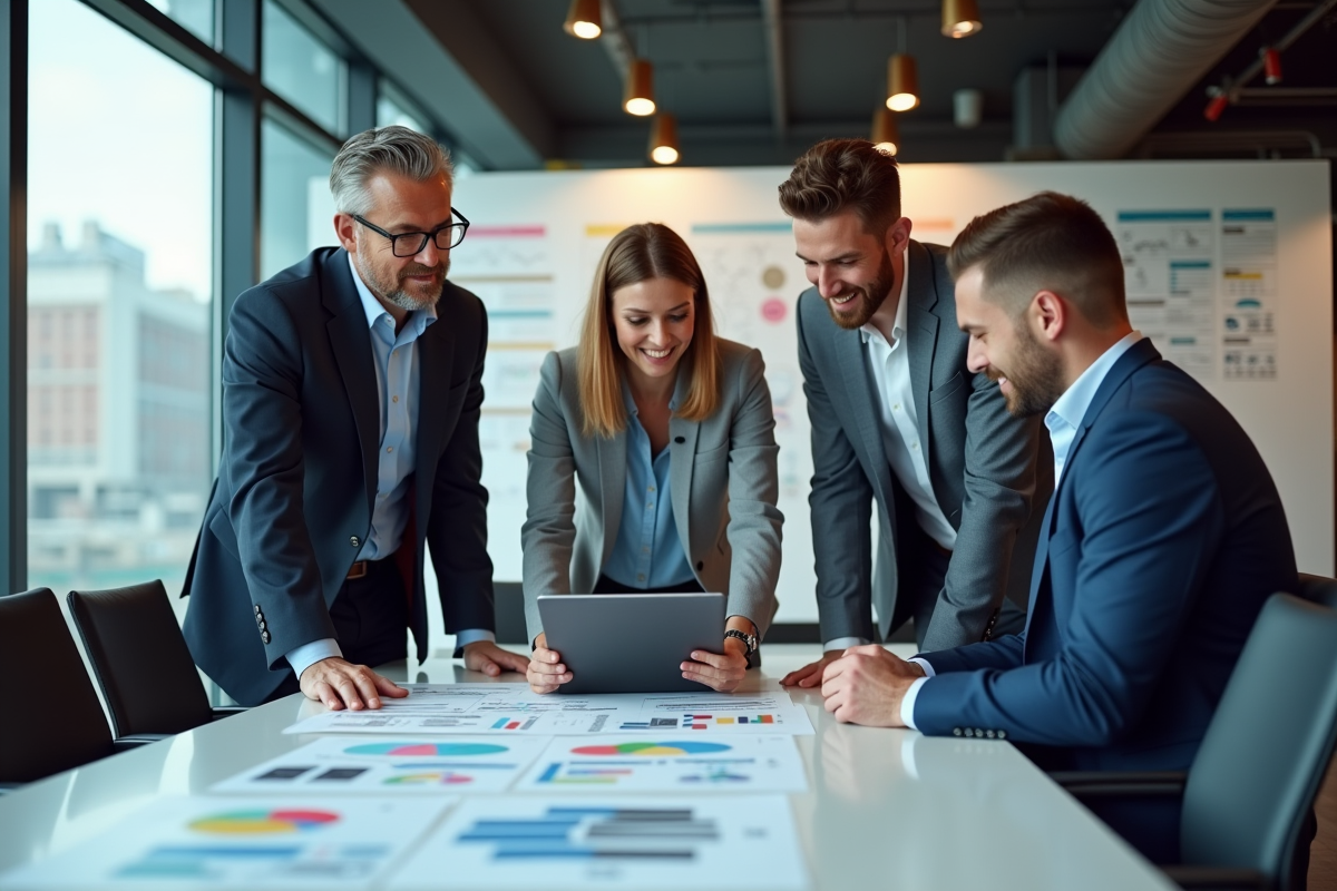 Groupe de marketing collaborant autour de graphiques et tablette