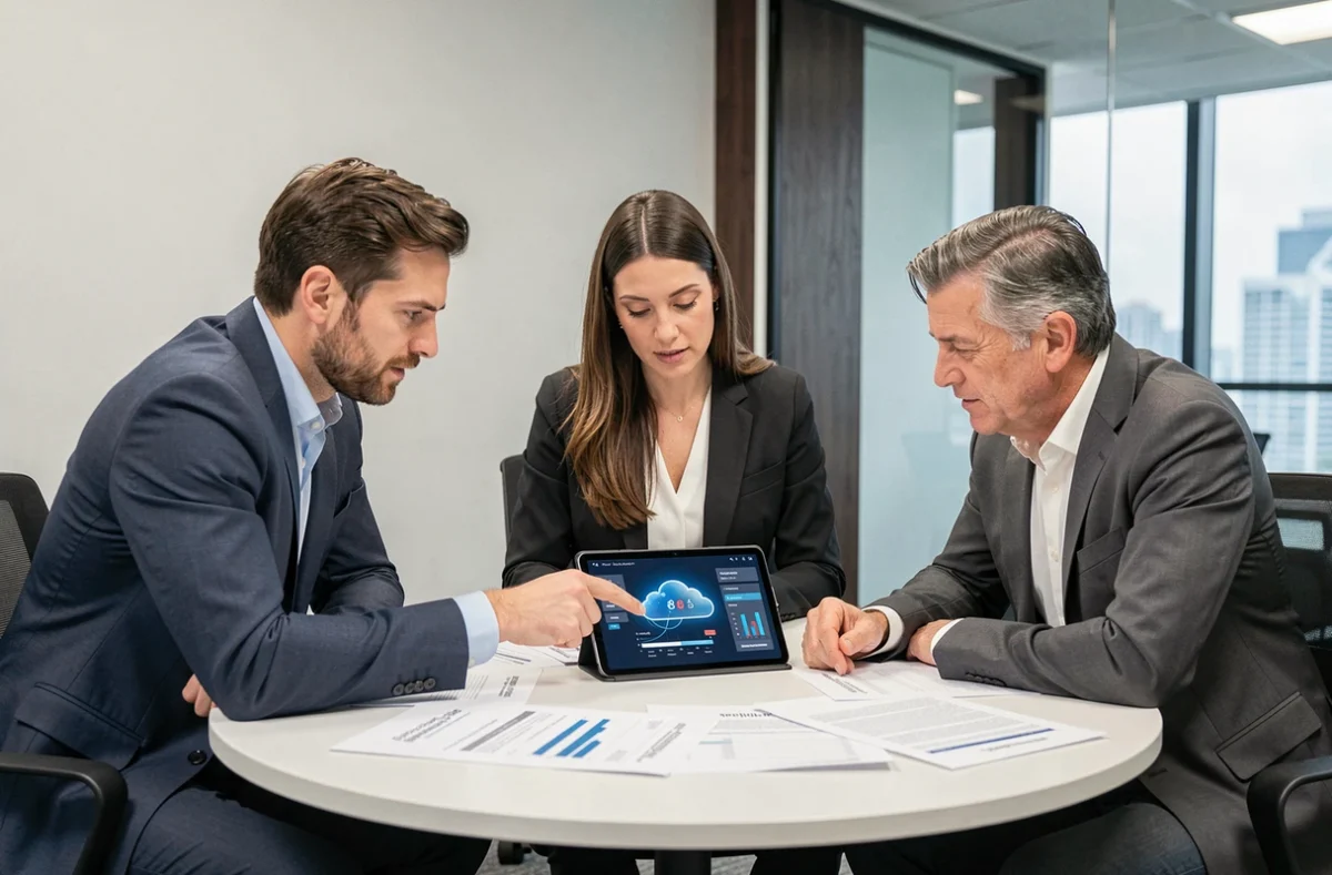 Équipe professionnelle en réunion étudiant des solutions cloud pour réduire les coûts d'un ordinateur quantique