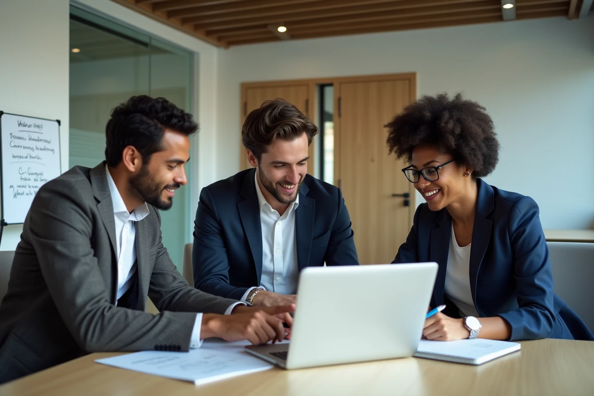 Équipe de collègues en réunion autour d'un ordinateur portable révisant un document d'entreprise avec un outil de correction orthographique collaboratif