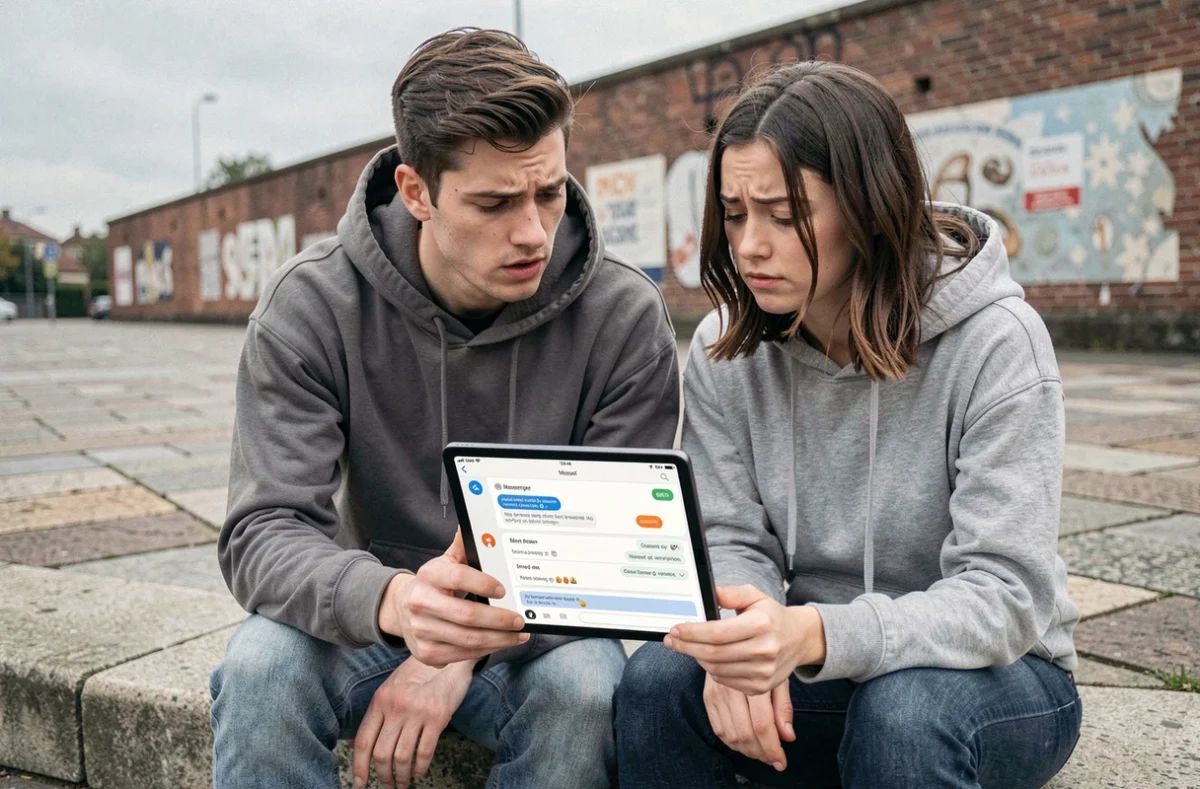 Deux jeunes adultes analysant les erreurs d'un sondage Messenger sur tablette en extérieur urbain