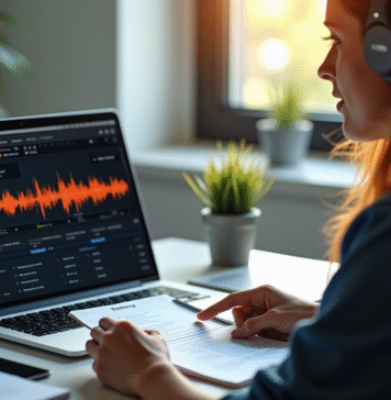 Espace de travail moderne avec ordinateur et personne à l'écoute