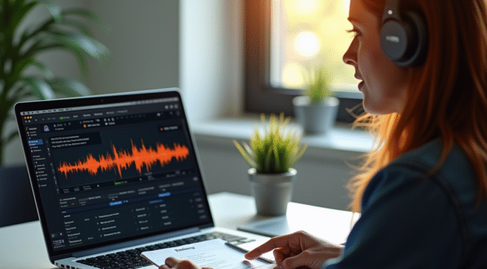 Espace de travail moderne avec ordinateur et personne à l'écoute