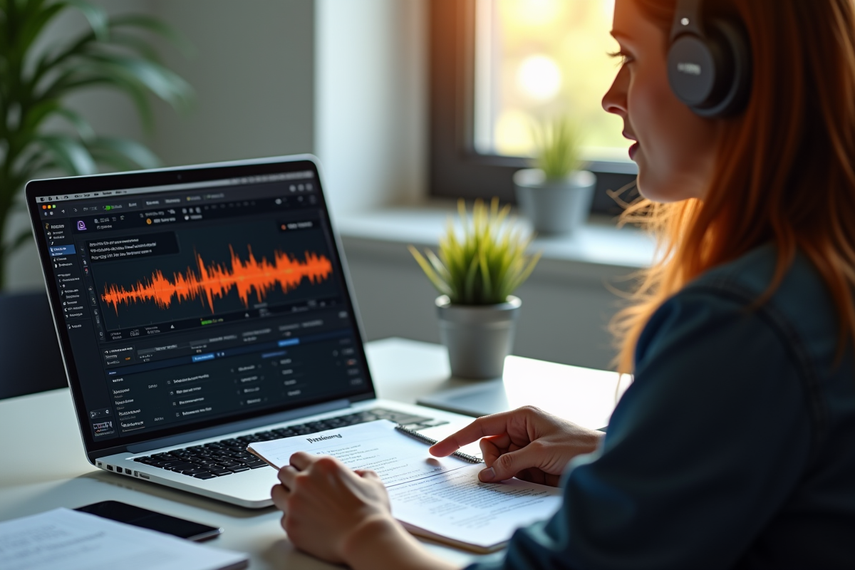 Espace de travail moderne avec ordinateur et personne à l'écoute