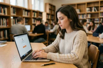 Étudiante connectée à l'espace numérique Convergence AC Grenoble sur un ordinateur portable dans une bibliothèque universitaire