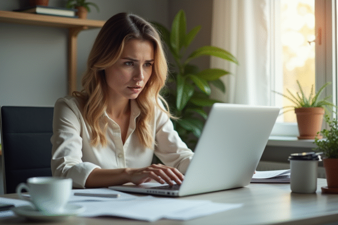 Femme d'affaires à domicile consulte des documents compliqués
