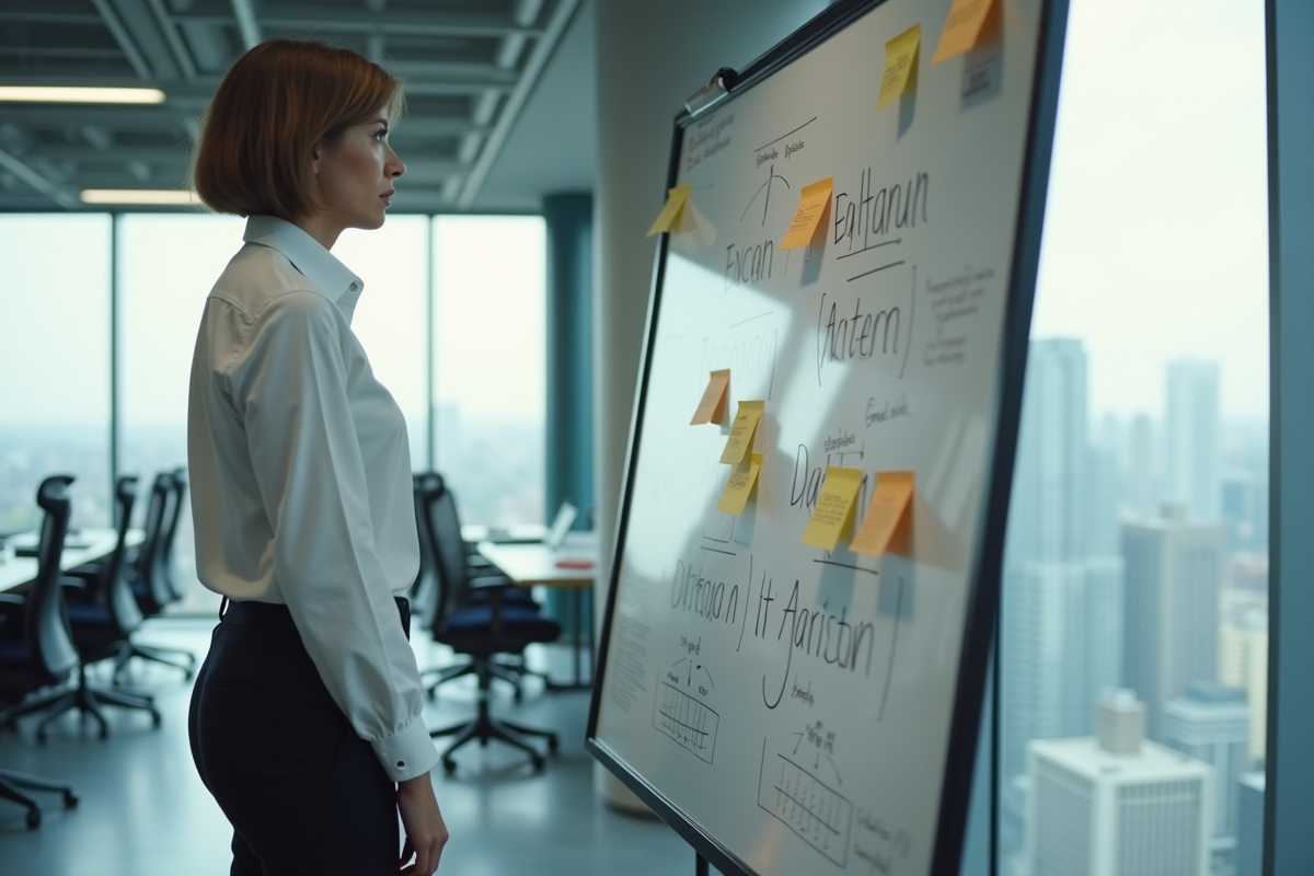 Femme d affaires contemplant un tableau blanc avec diagrammes