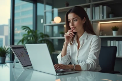 Femme en bureau analysant des données marketing