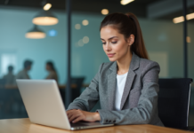 Jeune femme au bureau regardant son ordinateur avec icones réseaux sociaux