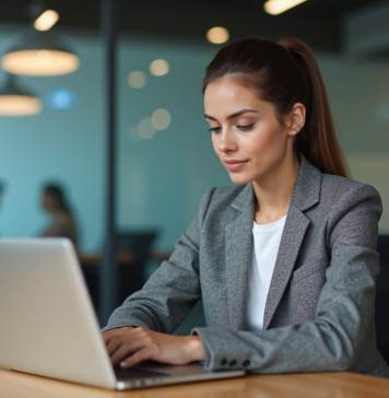 Publicité sur les réseaux sociaux : nom et impact sur votre marque Jeune femme au bureau regardant son ordinateur avec icones réseaux sociaux