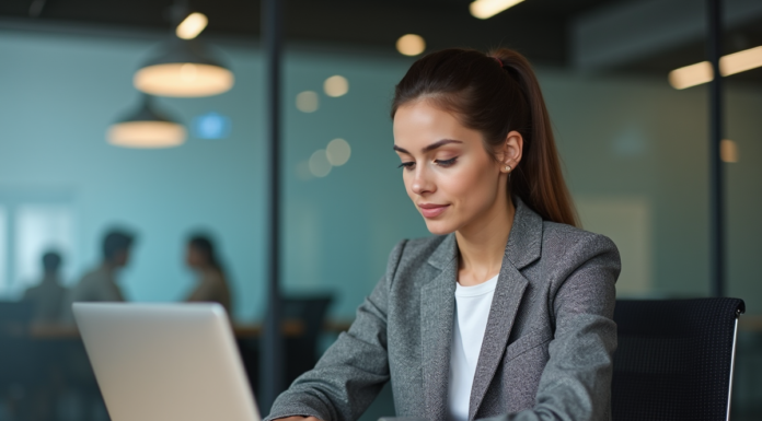 Jeune femme au bureau regardant son ordinateur avec icones réseaux sociaux